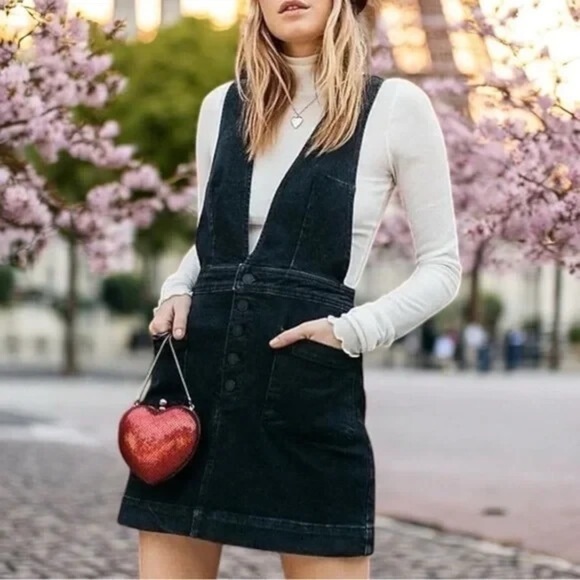 Free People Women's Old School love Sleeveless Black Denim Overall Dress 6 - Picture 1 of 10